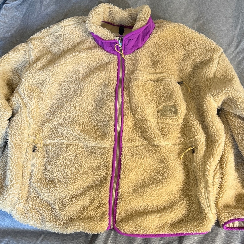 The North Face Beige Sherpa Jacket with Purple Accents